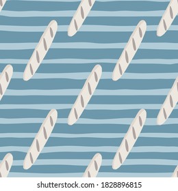 Diagonal loaf doodle shapes seamless pattern. Light bread food print with blue striped background. Food backdrop. Perfect for fabric design, textile print, wrapping, cover. Vector illustration.