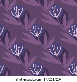 Diagonal located dandelion on seamless pattern in purple tones. Perfect for wrapping paper, wallpaper, fabric, textile, design projects. Vector illustration.