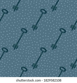 Diagonal located keys ornament seamless pattern. Stylized doodle security print on dotted background. Blue palette backdrop. For wallpaper, textile, wrapping, fabric print. Vector illustration.