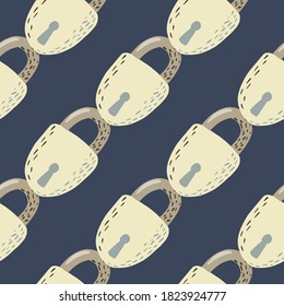 Diagonal lock figures seamless pattern. Navy blue colored background. Beige and light yellow door elements. Great for wallpaper, textile, wrapping paper, fabric print. Vector illustration.