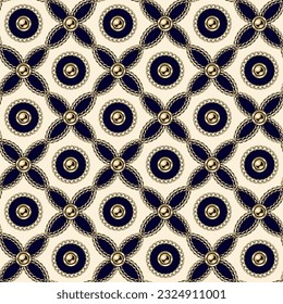 Diagonal luxury pattern with intertwined gold realistic chains, circles, beads. Tiled geometric seamless background. Classic elegance design.