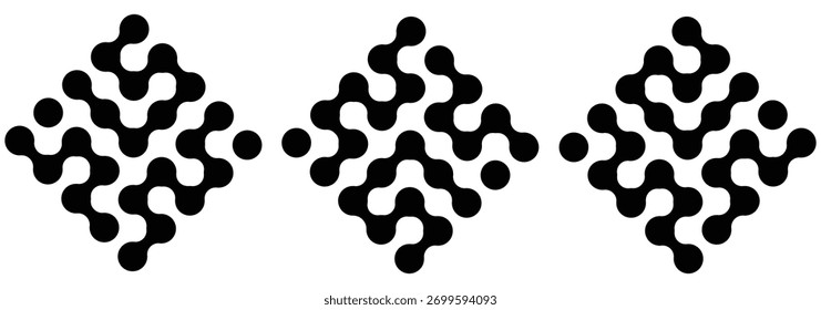 Diagonal metaball connected circles shape. Abstract nerve cell dots or computer nano net . Pattern of black metaballs isolated on white background. Metaball dot icon symbol set Set color metaballs
