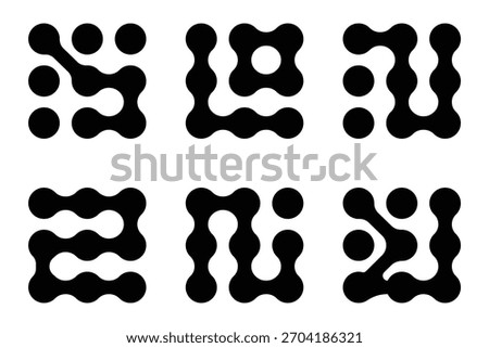 Diagonal metaball connected circles shape. Abstract nerve cell dots or computer nano net . Metaball Set. Vector Connect Circle Shapes. Abstract Geometric Dots.