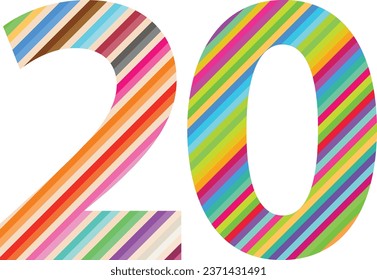 Diagonal multi colored stripes number twenty, number twenty vector illustration, isolated on white background.