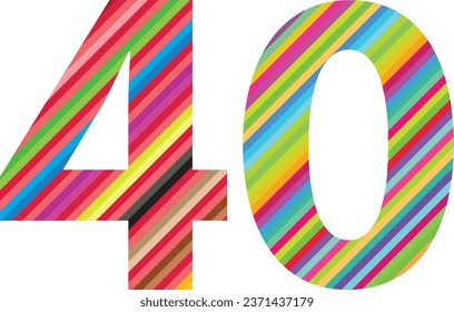 Diagonal multi colored stripes number forty, number forty vector illustration, isolated on white background.