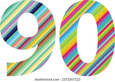 Diagonale mehrfarbige Streifen Zahl neunzig, neunzig Vektorgrafik, einzeln auf weißem Hintergrund.