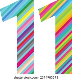Diagonal multi colored stripes number eleven, number eleven vector illustration, isolated on white background.