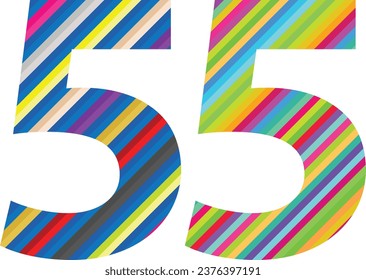 Diagonal multi colored stripes number fifty five, number fifty five vector illustration, isolated on white background.