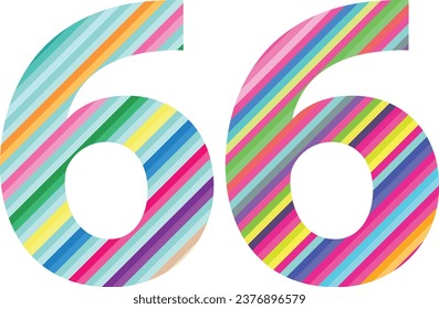 Diagonal multi colored stripes number sixty six, number sixty six vector illustration, isolated on white background.