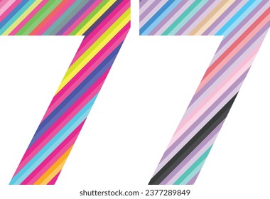 Diagonal multi colored stripes number seventy seven, number seventy seven vector illustration, isolated on white background.
