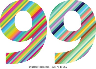 Diagonal multi colored stripes number ninety nine, number ninety nine vector illustration, isolated on white background.
