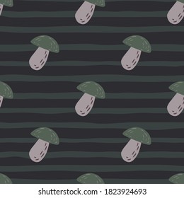 Patrón de hongos diagonales sin costura. Fondo natural de dibujos animados Doodle en tonos oscuros y fondo desnudo. Fondo decorativo para papel pintado, textil, envoltura, tela. Ilustración del vector