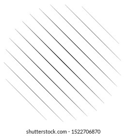 Diagonal, oblique lines abstract geometric circle. Slanting, slope lines halftone circle. Radial, circular skew, tilt parallel straight stripes (Thin lines version)