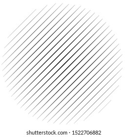 Diagonal, oblique lines abstract geometric circle. Slanting, slope lines halftone circle. Radial, circular skew, tilt parallel straight stripes (Thin lines version)