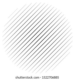 Diagonal, oblique lines abstract geometric circle. Slanting, slope lines halftone circle. Radial, circular skew, tilt parallel straight stripes (Thin lines version)