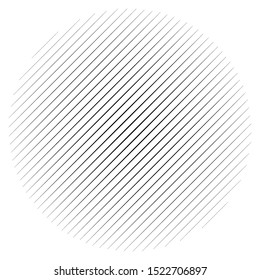 Diagonal, oblique lines abstract geometric circle. Slanting, slope lines halftone circle. Radial, circular skew, tilt parallel straight stripes (Thin lines version)