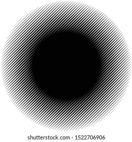 Diagonal, oblique lines abstract geometric circle. Slanting, slope lines halftone circle. Radial, circular skew, tilt parallel straight stripes (Thick lines version)