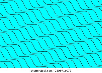 Diagonal ocean wave lines art fabric pattern. Black geometric motion wavy stripes on aqua blue background vector. Abstract optical illusion curve strips. Wall and floor ceramic tiles pattern.