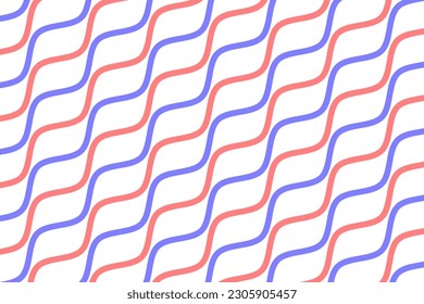 Diagonal ocean wave stripes art fabric pattern. Pastel red and blue geometric motion wavy lines on white background vector. Abstract optical illusion curve strips. Wall and floor ceramic tiles.