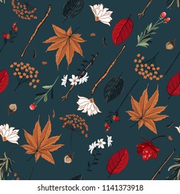 Diagonal on dark seamless pattern vector Autumn hand drawn elements motive,leaves,flowers,nuts,branch,for fashion fabric and all prints dark blue background.