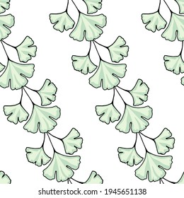 Diagonal ornament with a endless print of the branches of the ginkgo biloba plant in pastel shades of light green. Seamless pattern vector illustration.