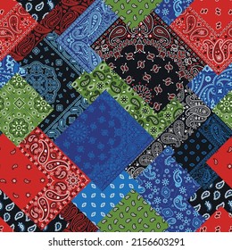 Diagonal paisley bandana fabric patchwork abstract vector seamless pattern