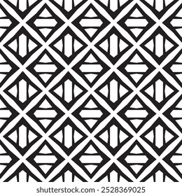 Diagonal and parallel curved black lines crossed grid vector square seamless pattern or texture.