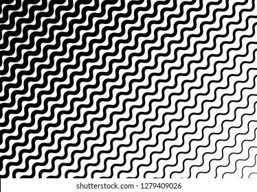 Diagonal parallel wavy lines. Geometric black waves of varying thickness on a white background. Abstract pattern design.  Isolation. Vector. 