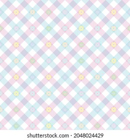 Diagonal pastel plaid with daisy motif. Seamless vector check pattern suitable for fashion, home decor and stationary.