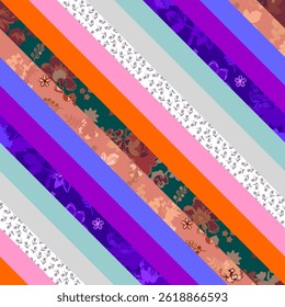 Diagonal patchwork pattern with solid and floral stripes in vector. Seamless bright print for fabric. Geometric background.