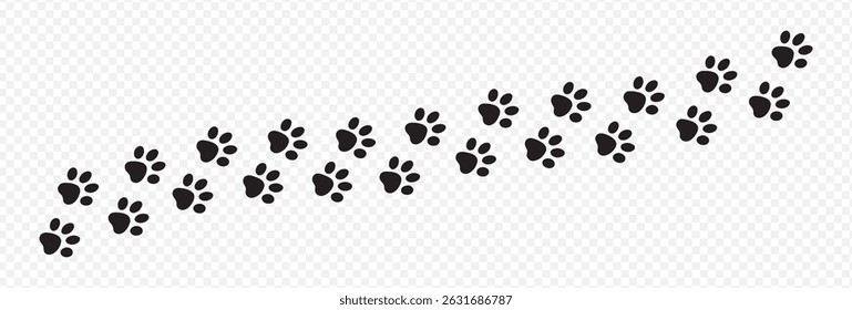 Diagonal Pattern of Black Paw Prints on Transparent Background Representing Animal Tracks, Pet Footprints, and Wildlife Trail