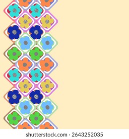 Diagonal pattern of colorful flowers inside squares on a light beige background. Each flower has five petals in various colors like blue, yellow, orange, and green.
