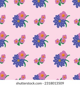 A diagonal pattern on a pink background featuring bouquets of purple and blue daisies and pink flowers creates this seamless repeat design.