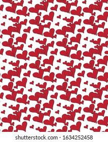 Diagonal pattern of red hearts on white background. Valentine's Day 