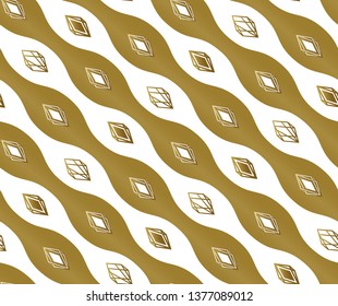 Diagonal pattern Seamless, diagonal wavy lines and diamonds, smooth bends, stripes. Pattern for fabrics, prints, websites, wrappers and backgrounds. Gold and white color