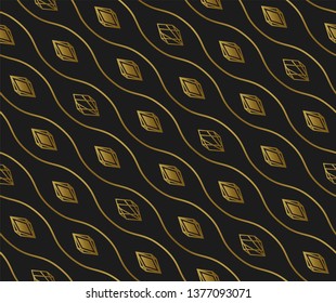 Diagonal pattern Seamless, diagonal wavy lines and diamonds, smooth bends, stripes. Pattern for fabrics, prints, websites, wrappers and backgrounds. Gold and black color