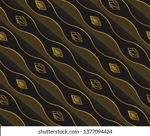 Diagonal pattern Seamless, diagonal wavy lines and diamonds, smooth bends, stripes. Pattern for fabrics, prints, websites, wrappers and backgrounds. Gold and black color