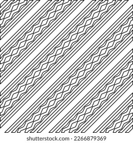  Diagonal pattern.Monochrome ornamental texture with smooth linear shapes, zigzag lines, lace pattern.Abstract geometric black and white pattern for web page, textures, card, poster, fabric, textile.