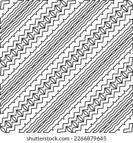  Diagonal pattern.Monochrome ornamental texture with smooth linear shapes, zigzag lines, lace pattern.Abstract geometric black and white pattern for web page, textures, card, poster, fabric, textile.
