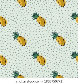 Diagonal pineapples ornament seamless pattern. Blue dotted background. Vitamin tropical shapes. Decorative backdrop for fabric design, textile print, wrapping, cover. Vector illustration.