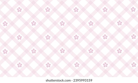 Diagonal pink plaid pattern and flowers on the white background	