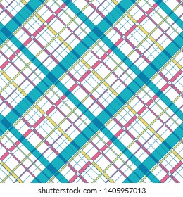 Diagonal plaid check patten in bold pink, yellow, turquoise colors on white background. Seamless vector pattern for fabric, wallpaper, scrapbooking projects. Surface pattern design.
