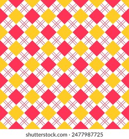 Diagonal plaid texture with red and yellow squares. Modern geometric backdrop. Checkered lozenge seamless pattern. Argyle diamond background. Vector illustration. Rhombus print.