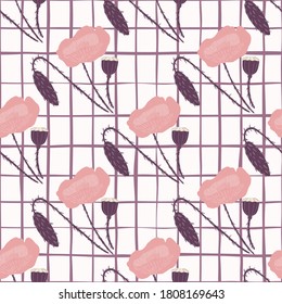Diagonal poppy elements seamless doodle pattern. Pink flowers on white background with check. Great for wallpaper, textile, wrapping paper, fabric print. Vector illustration.