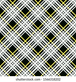 Diagonal position of rectangular seamless vector contrast pattern as a tartan plaid in dark green hues with yellow and many white lines