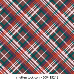Diagonal position of rectangular seamless vector pattern as a tartan plaid in red, green, beige and brown colors