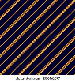 Diagonal print with massive chains. Golden jewelry elements on dark background. Seamless vector pattern. Template for cards, gift wrappings and textile design.
