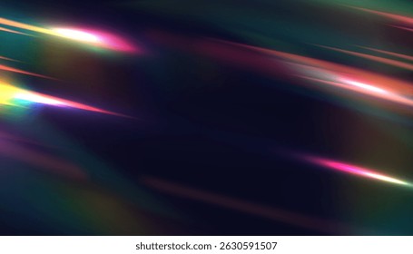Diagonal prism light streaks with rainbow dispersion on dark background. Abstract refraction glow texture for digital design, holographic overlays and visual backdrops.

