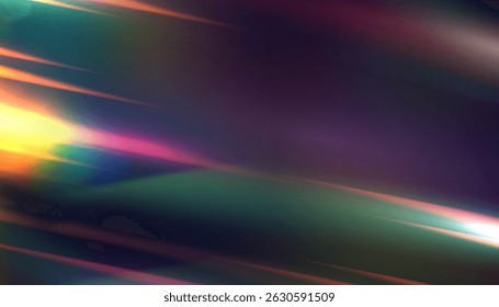 Diagonal prism light streaks with rainbow dispersion on dark background. Abstract refraction glow texture for digital design, holographic overlays and visual backdrops.

