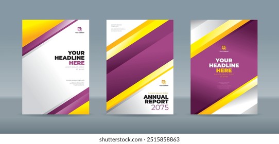 Diagonal prism of purple, yellow, and white colors on a white background. A4 size book cover template for annual report, magazine, booklet, proposal, portfolio, brochure, poster